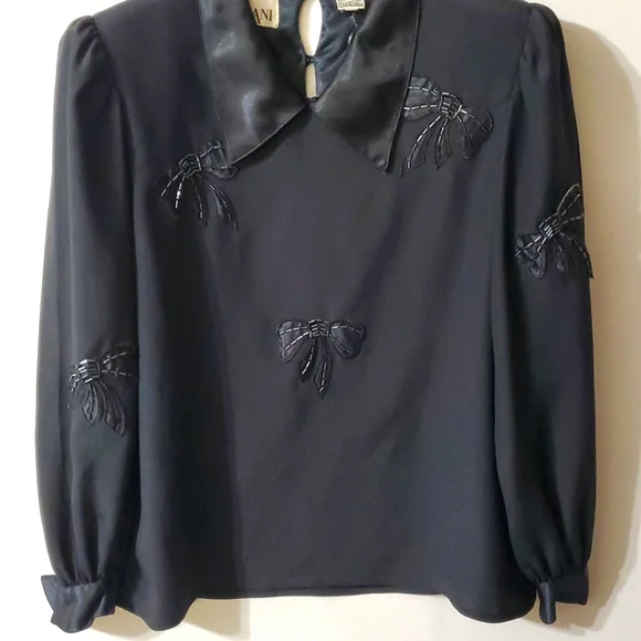 Vintage Nilani Black Long Sleeve Satin Blouse with Beaded Bows Sz 2 - Picture 2 of 12